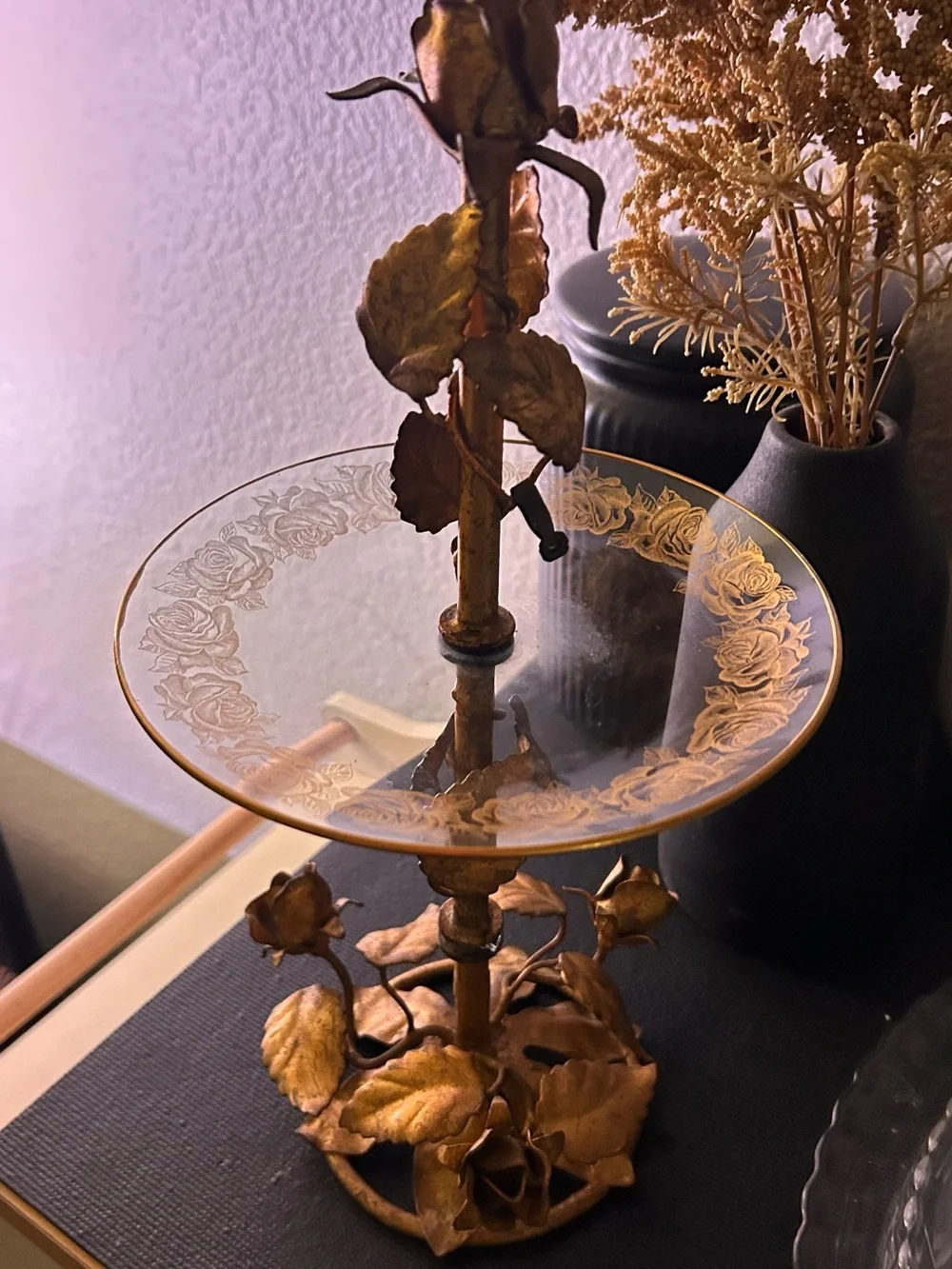 Vintage Italian Gold Guild Rose Pedestal Trinket Dish